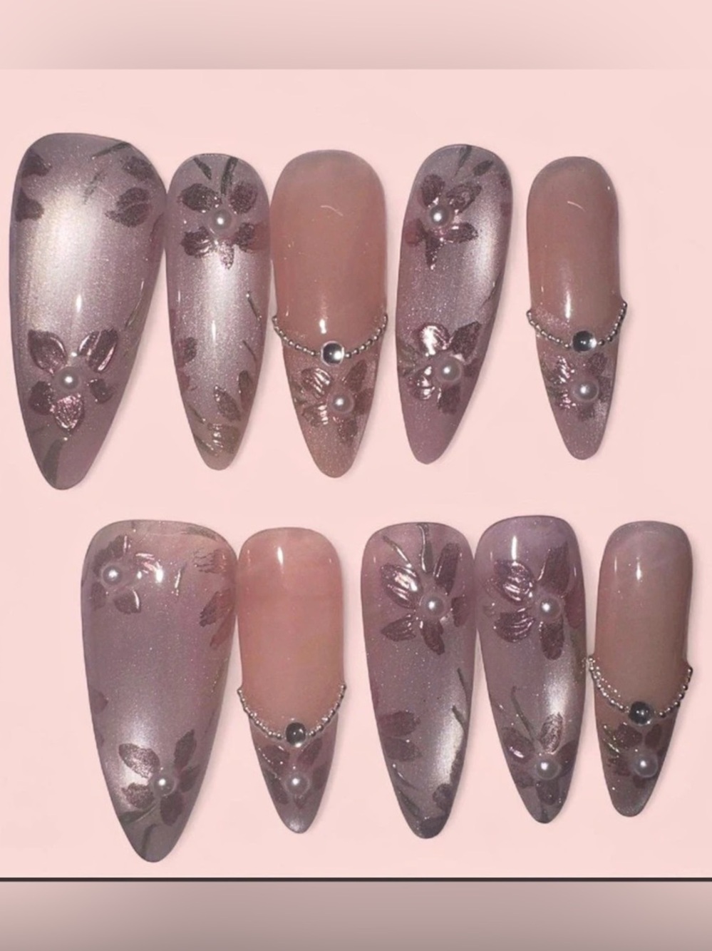 NWT Custom Handmade 3D Pink Chrome Floral French Tip Press-On Nails